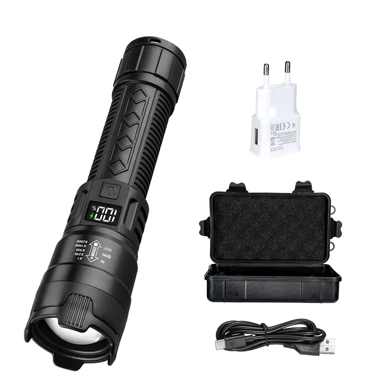 Ultra Bright LED Flashlight 2000LM Type-C Rechargeable Long Range Zoom Tactical Torch Outdoor Emergency Camping Fishing Lantern