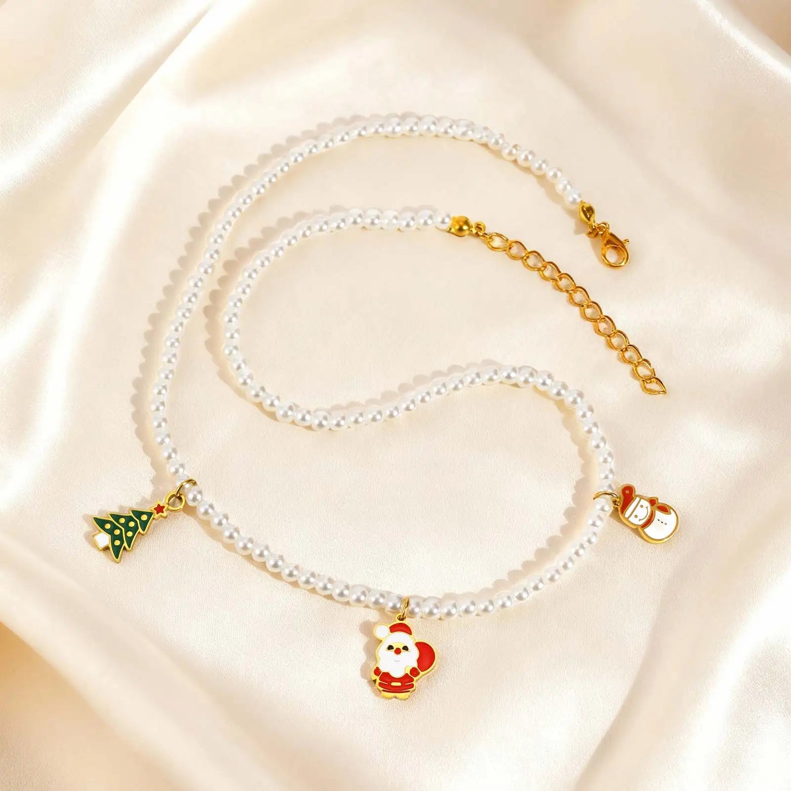 Exquisite Santa Claus Christmas Tree Snowman Necklace,Women's Imitation Pearl Beaded Necklaces,Fashion Christmas Jewelry Gifts