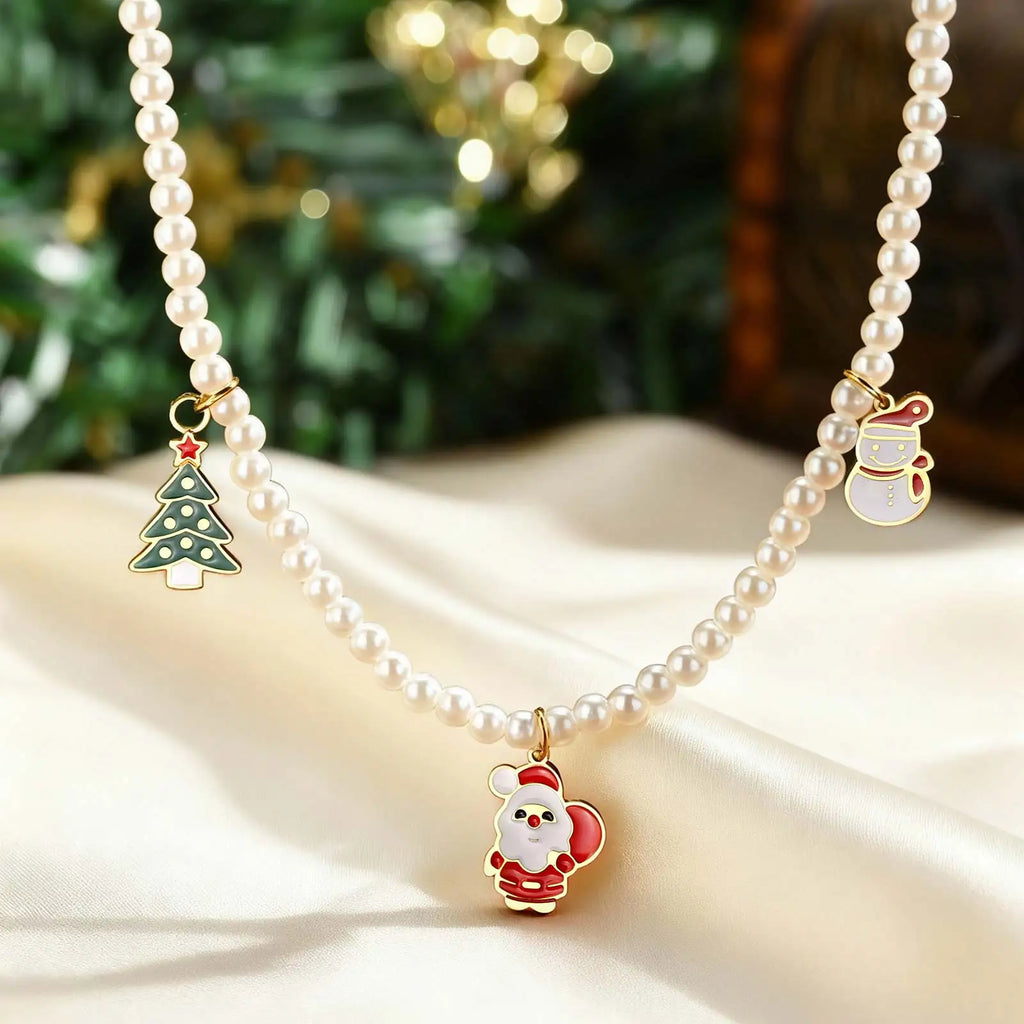 Exquisite Santa Claus Christmas Tree Snowman Necklace,Women's Imitation Pearl Beaded Necklaces,Fashion Christmas Jewelry Gifts