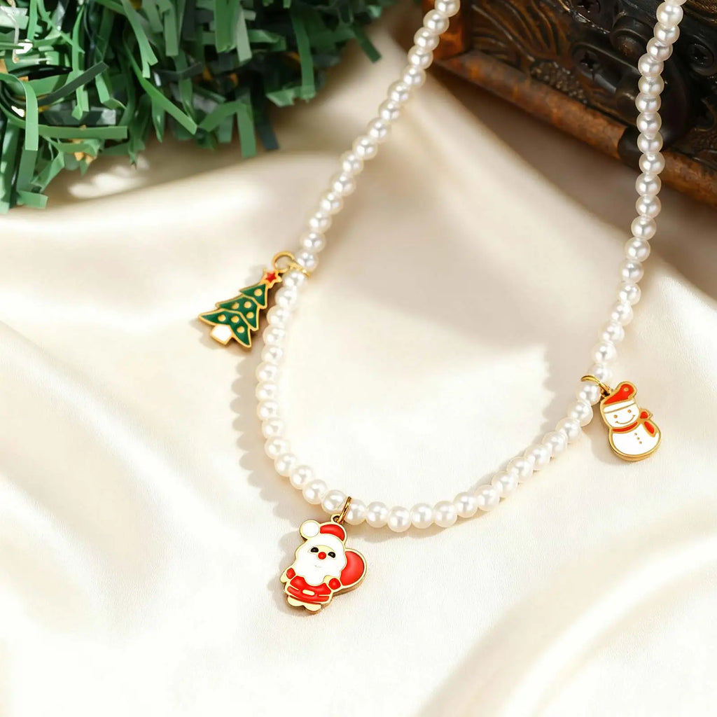 Exquisite Santa Claus Christmas Tree Snowman Necklace,Women's Imitation Pearl Beaded Necklaces,Fashion Christmas Jewelry Gifts
