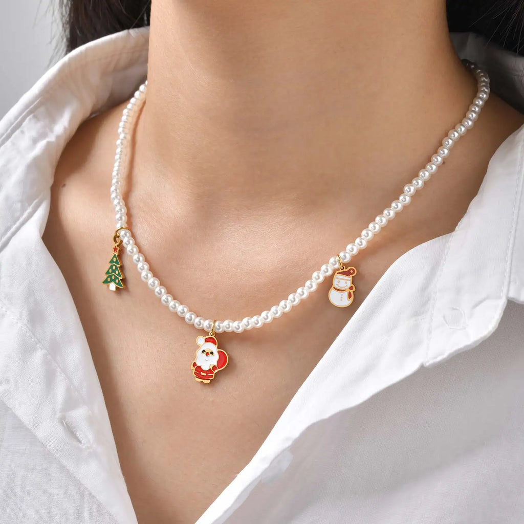 Exquisite Santa Claus Christmas Tree Snowman Necklace,Women's Imitation Pearl Beaded Necklaces,Fashion Christmas Jewelry Gifts