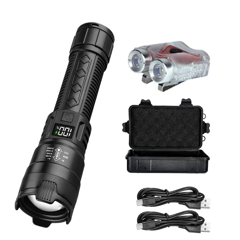 Ultra Bright LED Flashlight 2000LM Type-C Rechargeable Long Range Zoom Tactical Torch Outdoor Emergency Camping Fishing Lantern