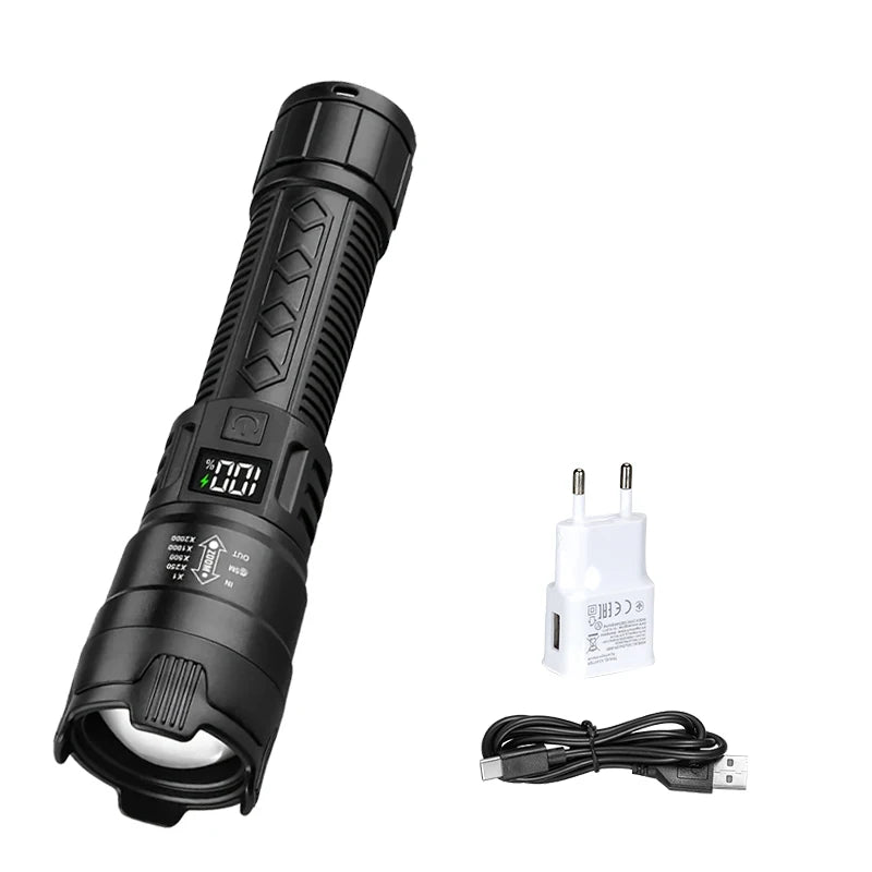 Ultra Bright LED Flashlight 2000LM Type-C Rechargeable Long Range Zoom Tactical Torch Outdoor Emergency Camping Fishing Lantern