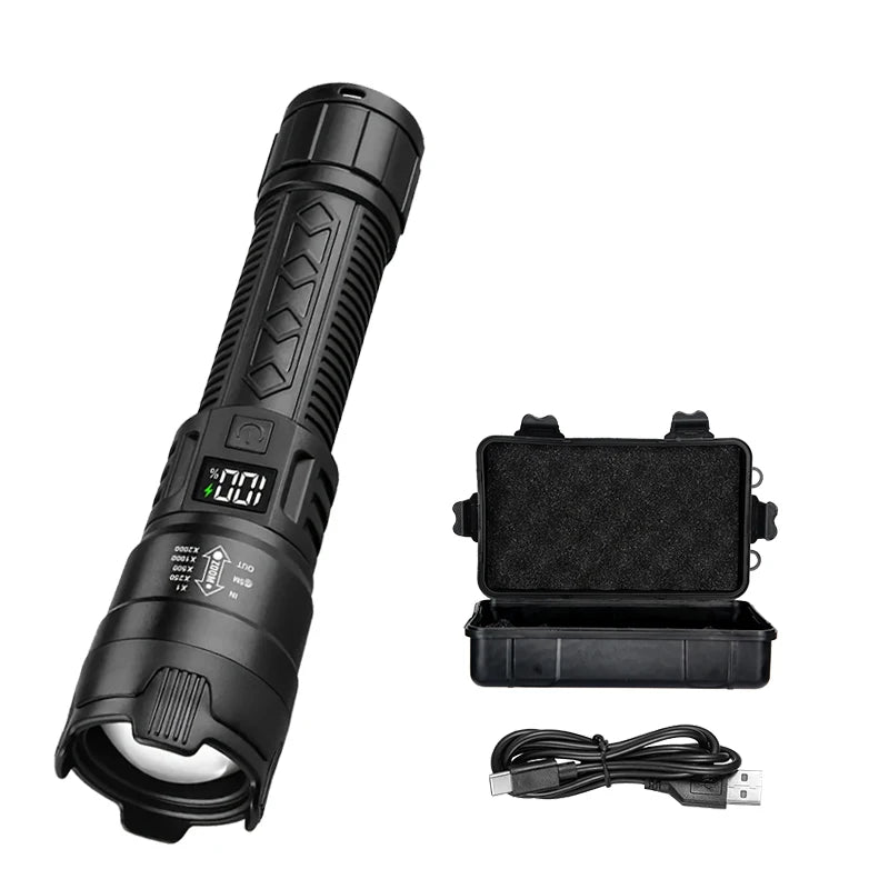 Ultra Bright LED Flashlight 2000LM Type-C Rechargeable Long Range Zoom Tactical Torch Outdoor Emergency Camping Fishing Lantern
