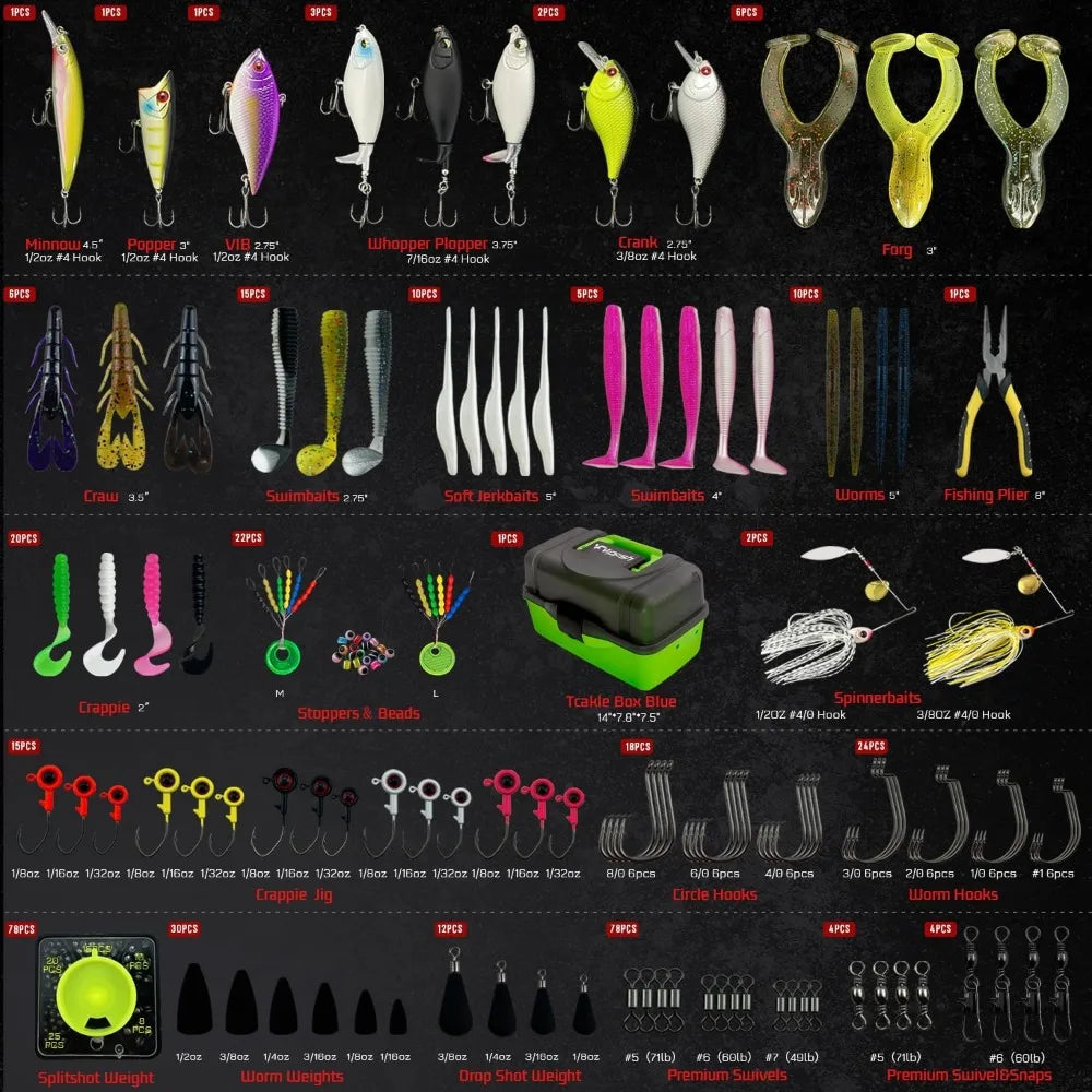 Fishing Tackle Box with Tackle Included Lures, Hooks, Weights, 3-Layer Freshwater Fishing Tackle Kit for Bass Trout Walleye Fish